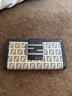Fendi Beige and Black Zucca Logo Continental Wallet with Metal Buckle